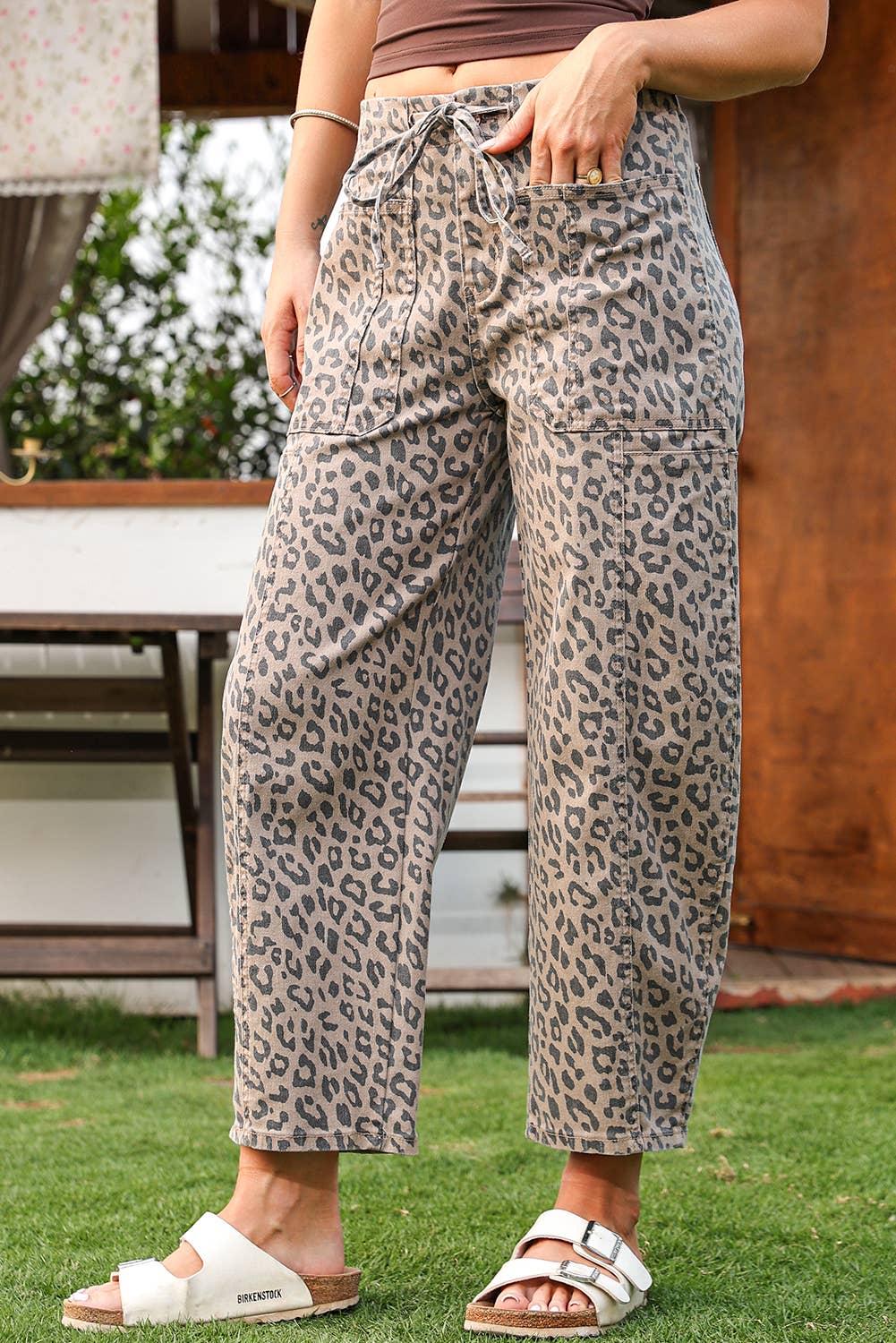 Leopard Drawstring Waist Pocketed Wide Leg Jeans