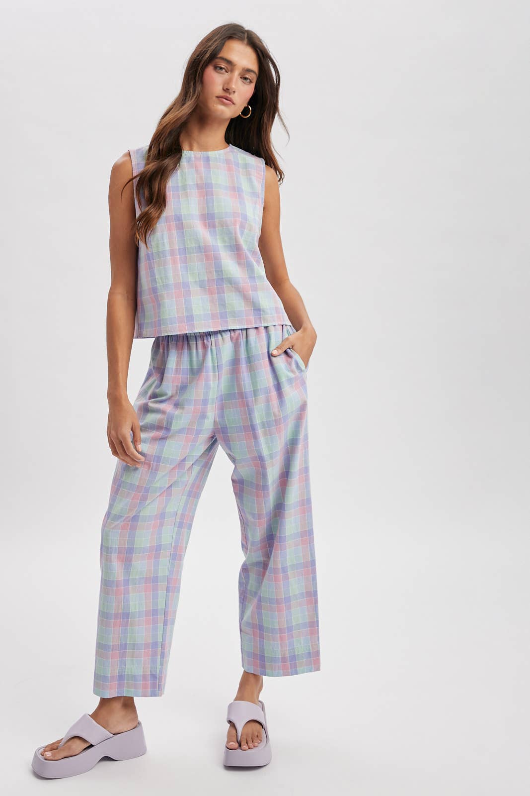 A New Arrival: MULTI-PLAID TOP AND PANTS SET / BLUE/MINT