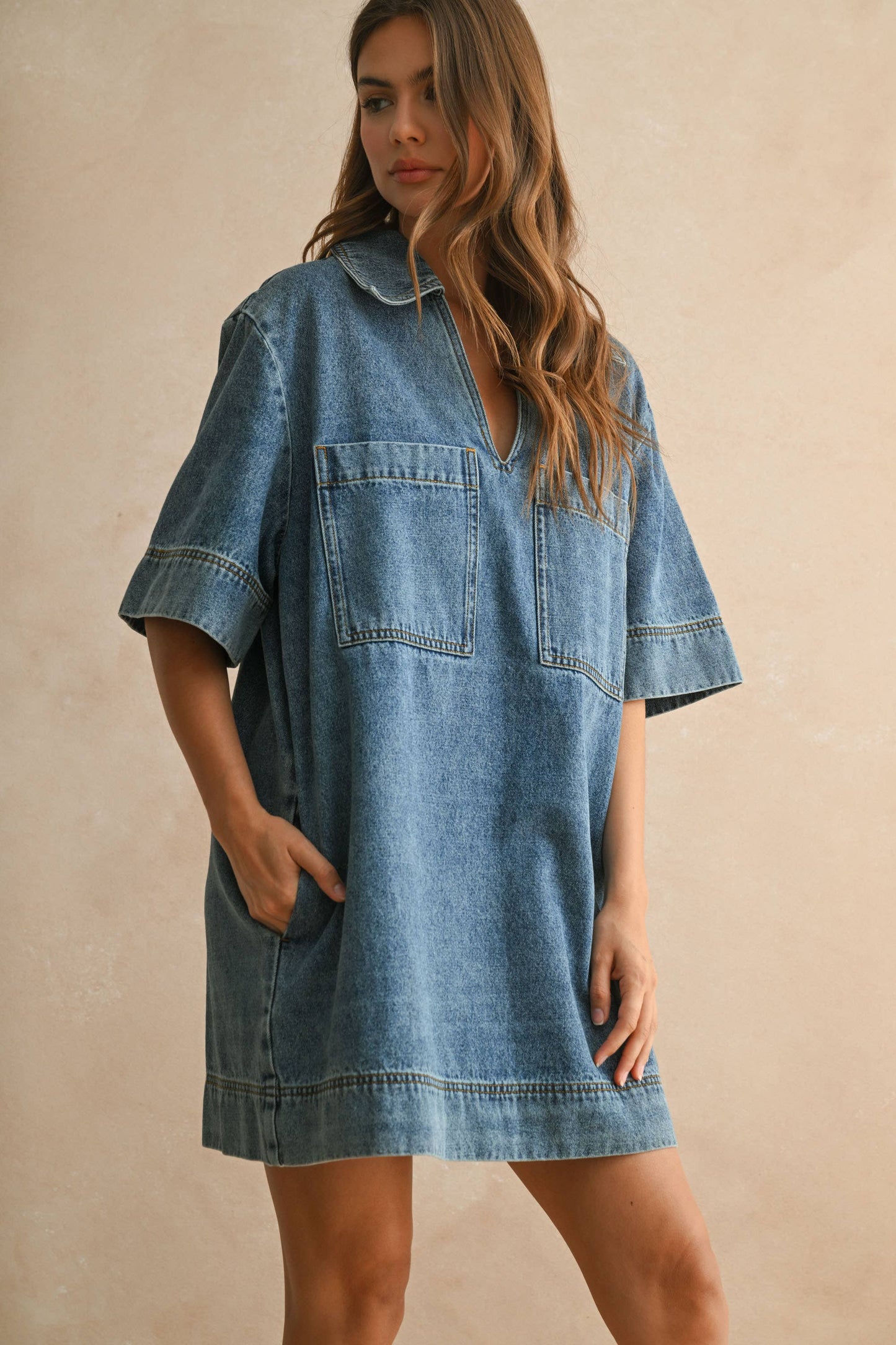 V-NECK DENIM TUNIC DRESS: DENIM