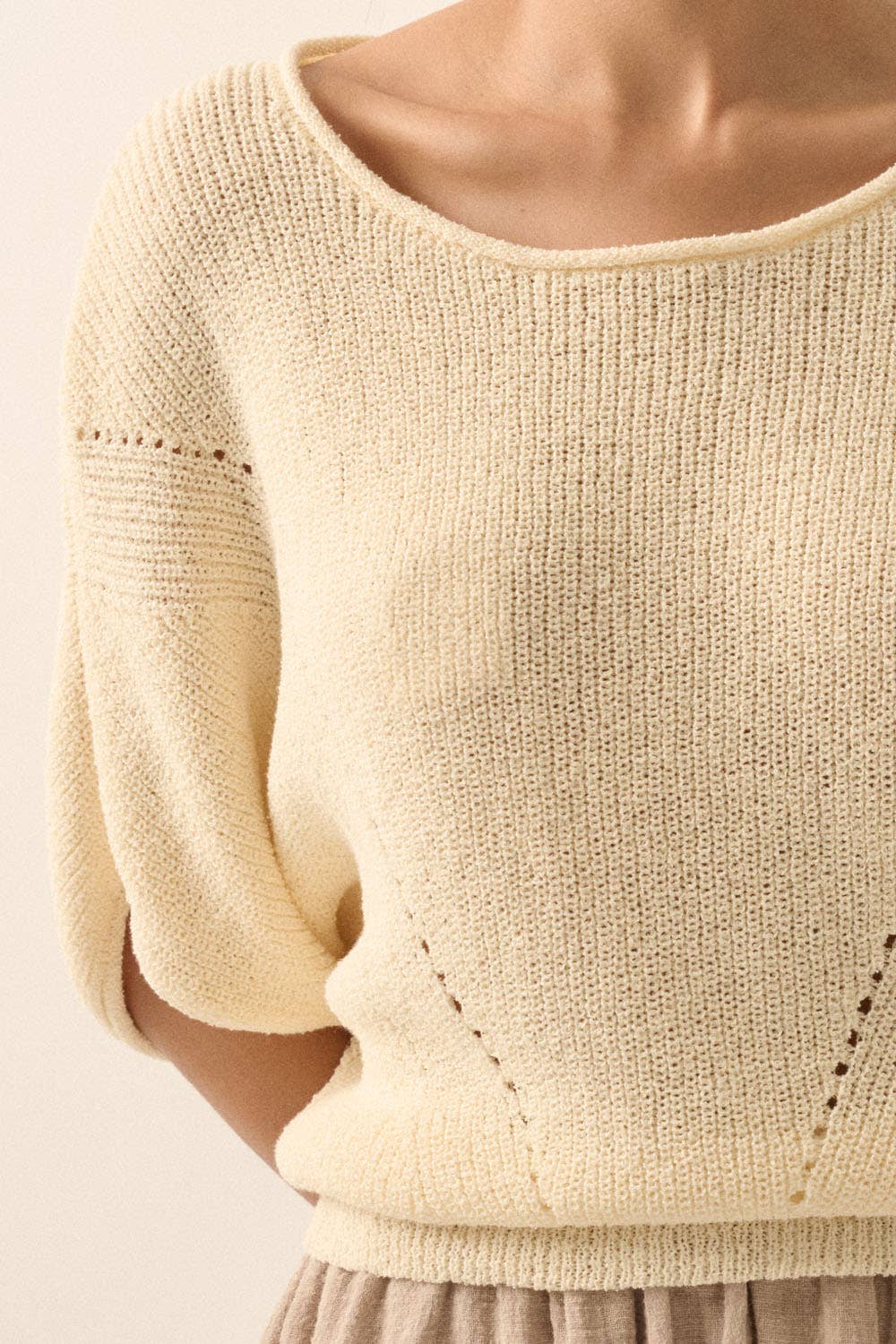 Short-Sleeve Pointelle Ribbed Knit Sweater: Espresso