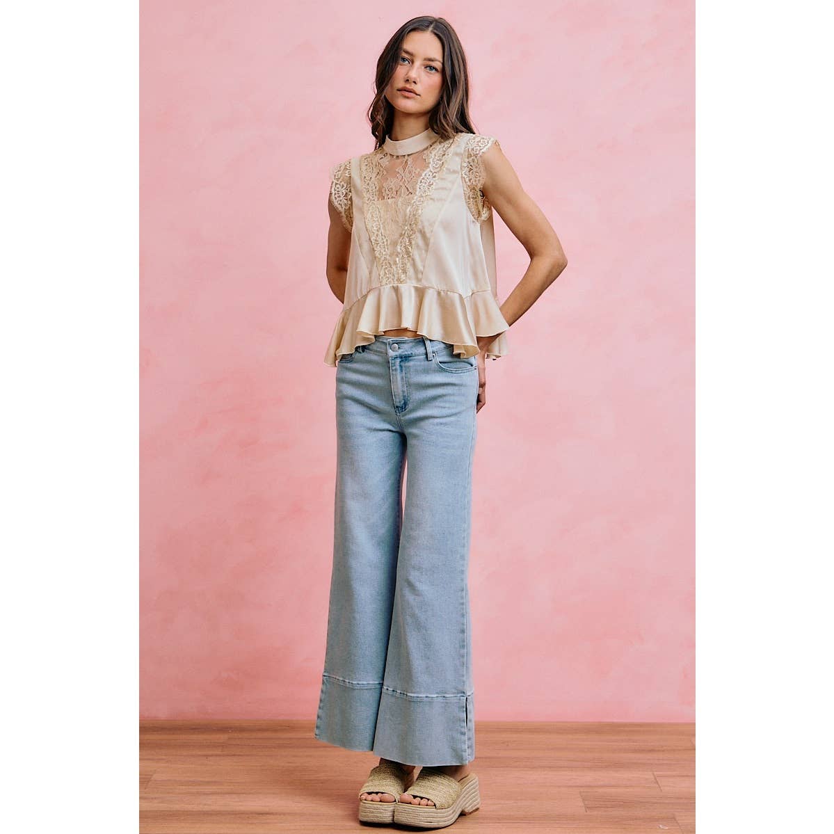A New Arrival SATIN MOCK NECK LACE TRIM PEPLUM BLOUSE TOP: CREAM