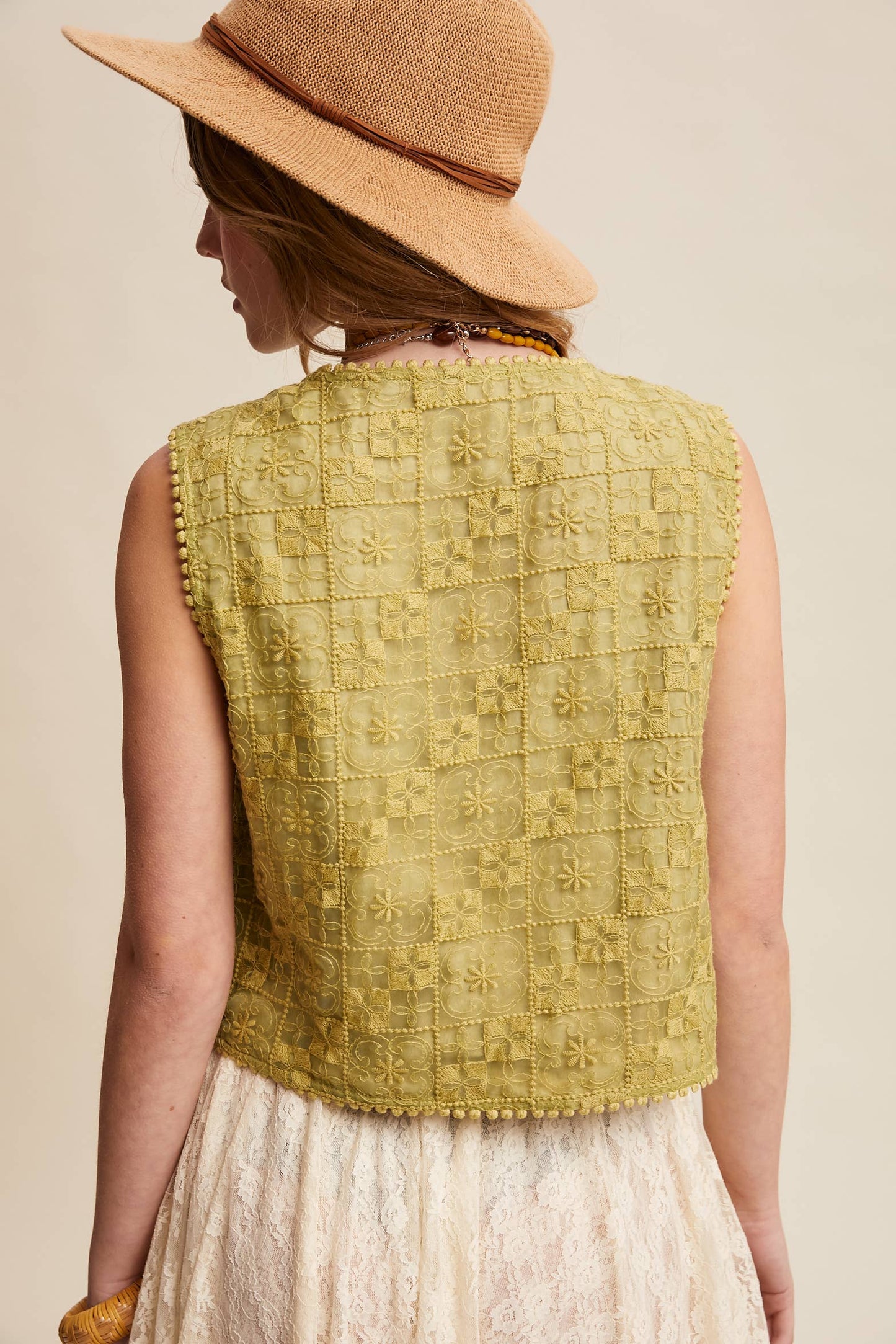 A New Arrival Embroidered Lace Tie-Front : Ecru
