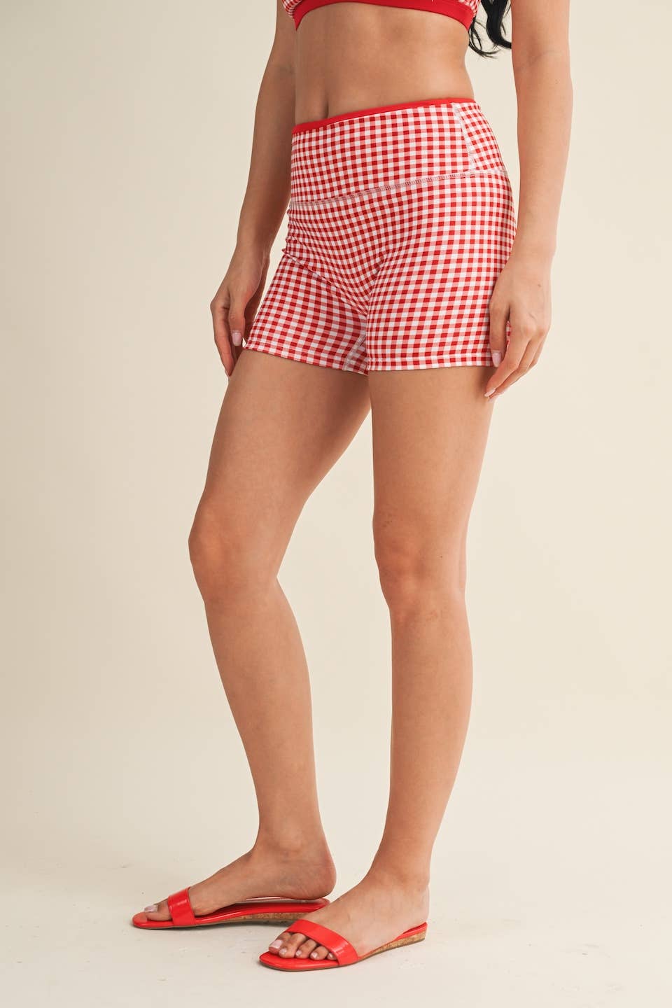 A New Arrival Gingham Print Contrast Binding Biker Shorts: Red Gingham