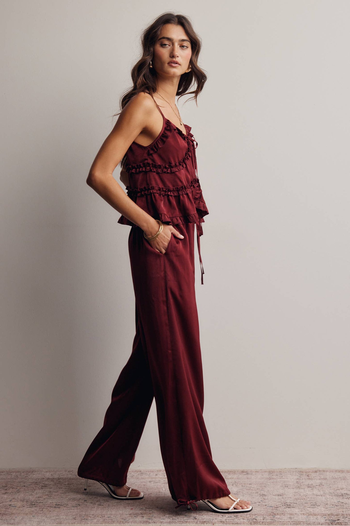 A New Arrival Ruffle Trim Tie Front Cami Top: Burgundy / Contemporary