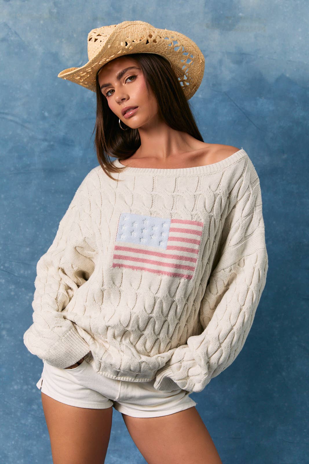 A New Arrival: BOAT NECK AMERICAN FLAG CABLE SWEATER TOP: CREAM