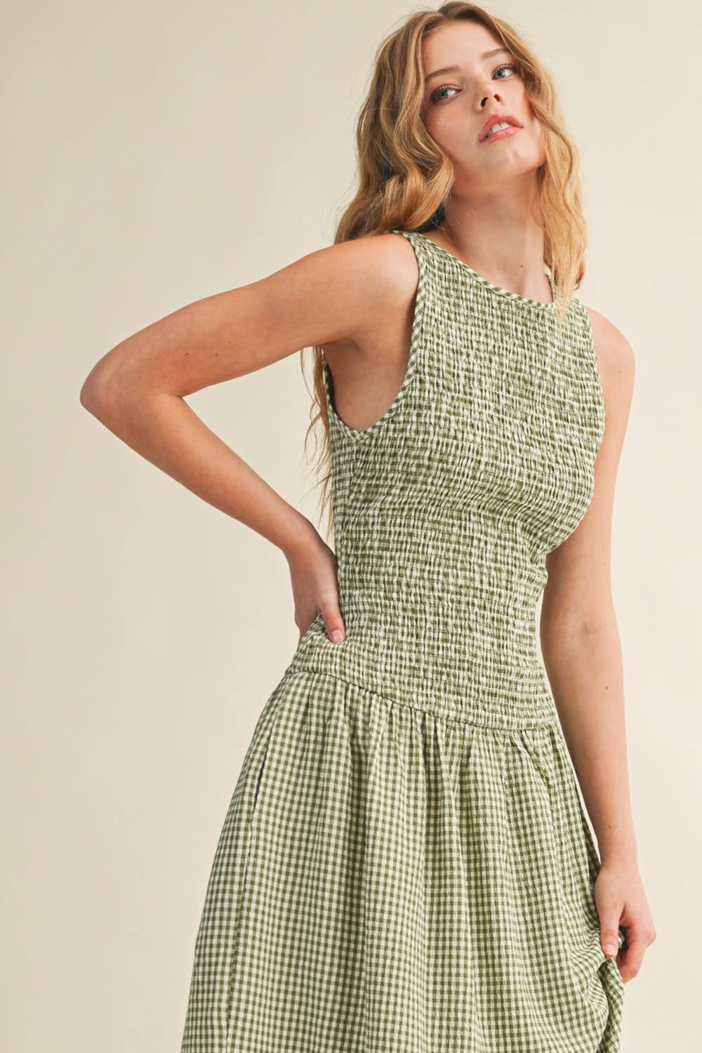 MINI GINGHAM PATTERN SLEEVELESS LONG DRESS: GREEN