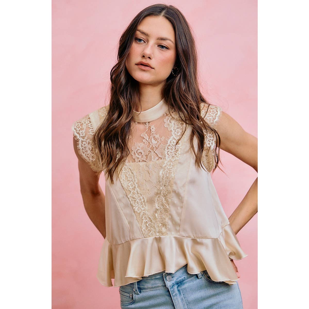 A New Arrival SATIN MOCK NECK LACE TRIM PEPLUM BLOUSE TOP: CREAM