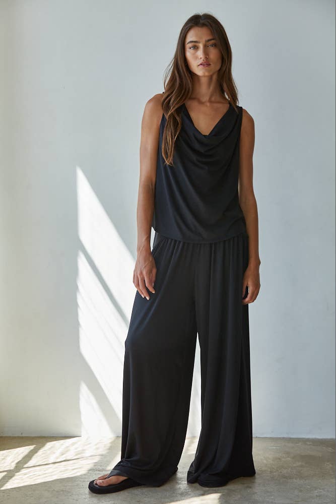A New Arrival Knit Polyester Spandex Sleeveless Cowl Neck Top: Black