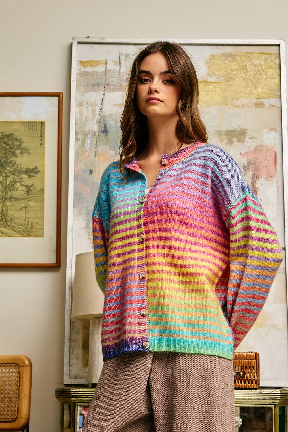 A New Arrival Space-Dye Striped Button-Down Cardigan: RAINBOW