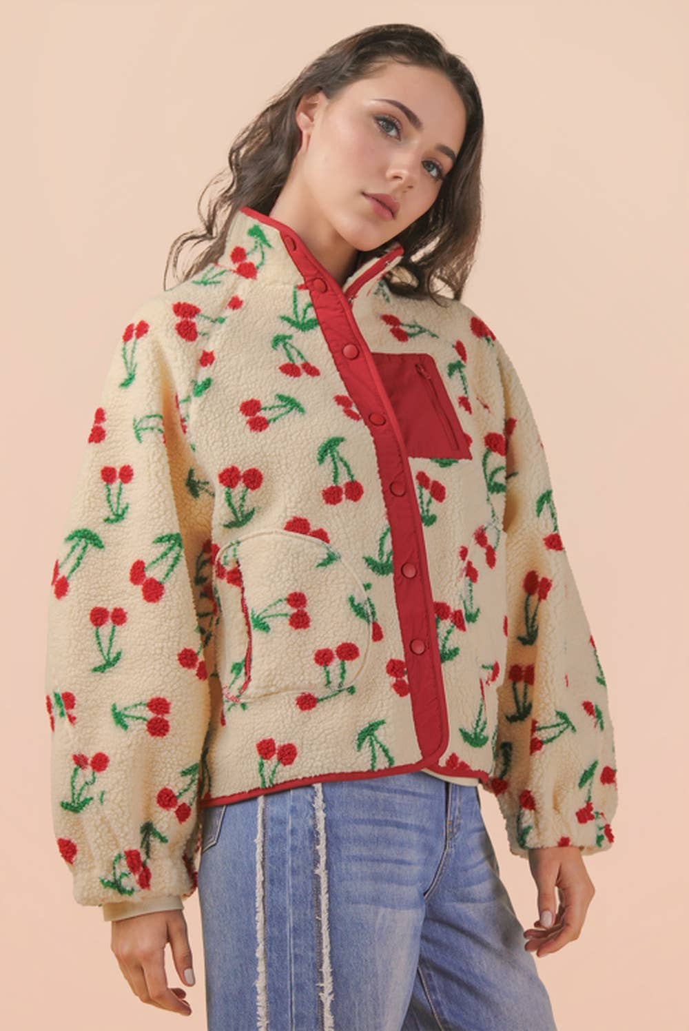 Cherry Printed Fleece Oversized Jacket: IVORY CHERRY