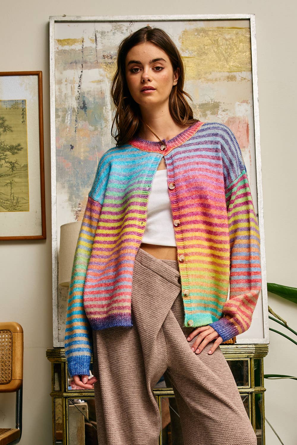 A New Arrival Space-Dye Striped Button-Down Cardigan: RAINBOW
