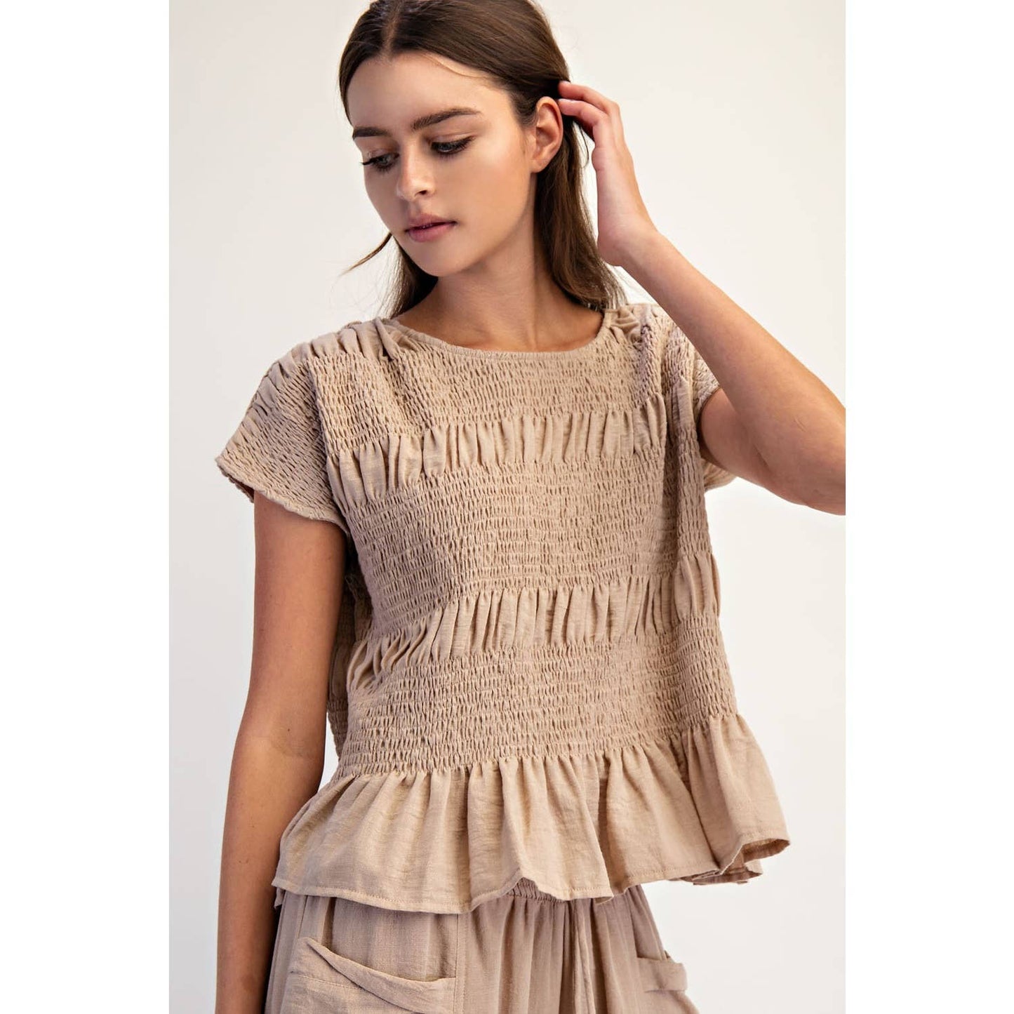 A New Arrival: RUCHED CREW NECK TOP: Taupe