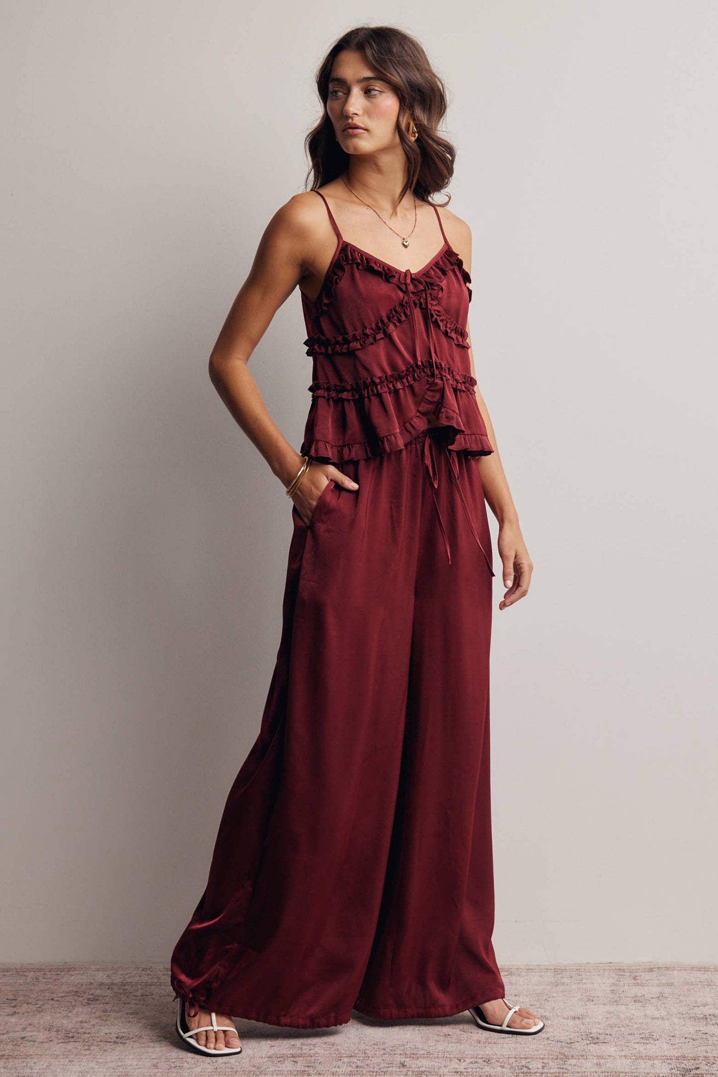 A New Arrival Ruffle Trim Tie Front Cami Top: Burgundy / Contemporary