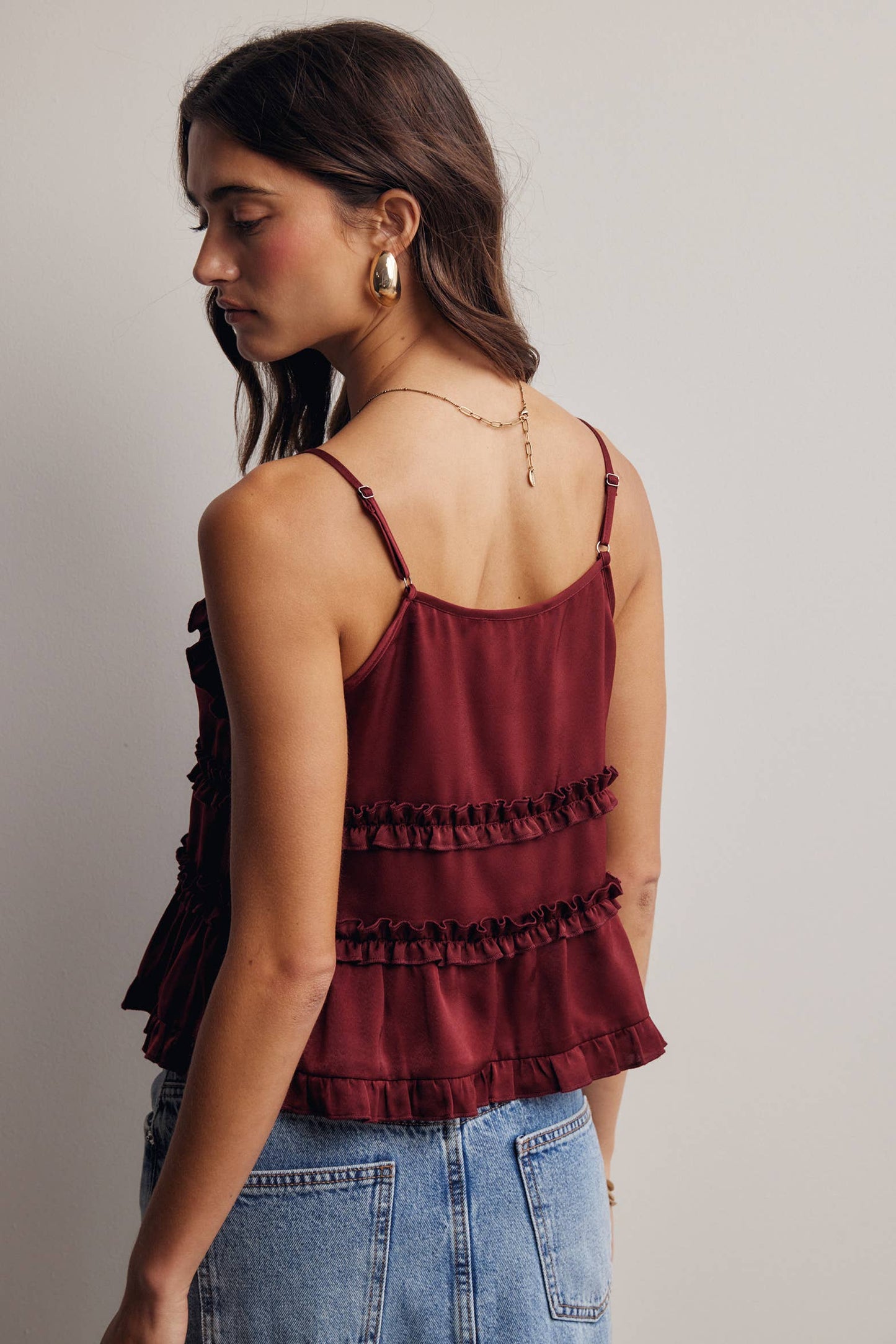 A New Arrival Ruffle Trim Tie Front Cami Top: Burgundy / Contemporary
