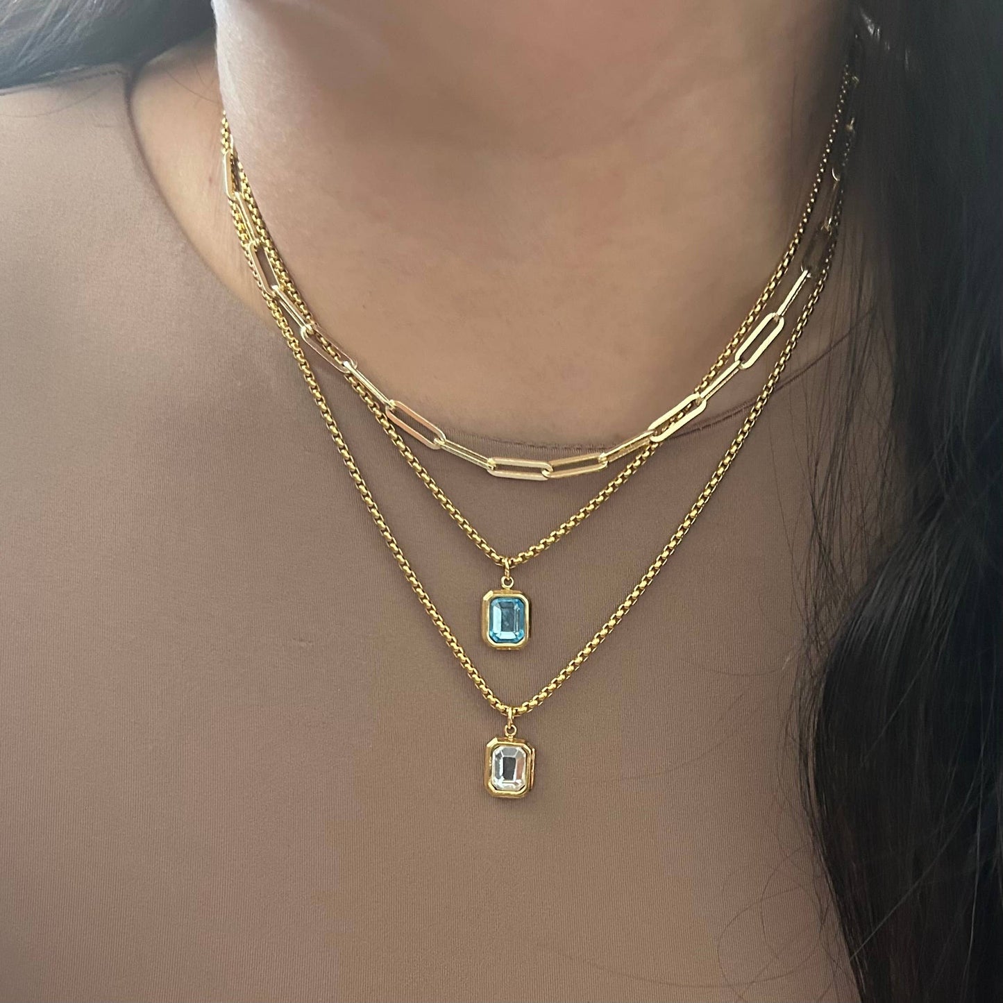 Clear Glass Pendant layering necklace 18k gold plated 