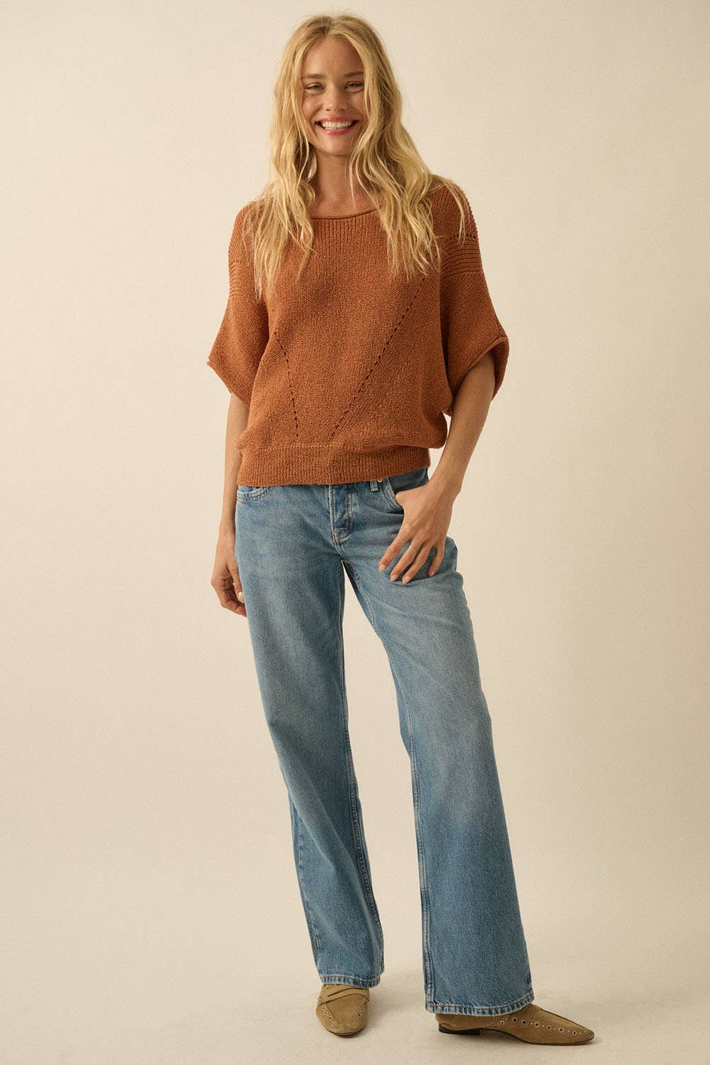Short-Sleeve Pointelle Ribbed Knit Sweater: Espresso