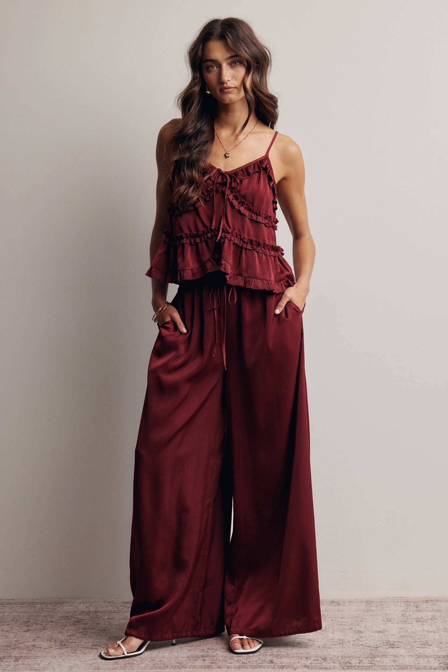 A New Arrival Ruffle Trim Tie Front Cami Top: Burgundy / Contemporary