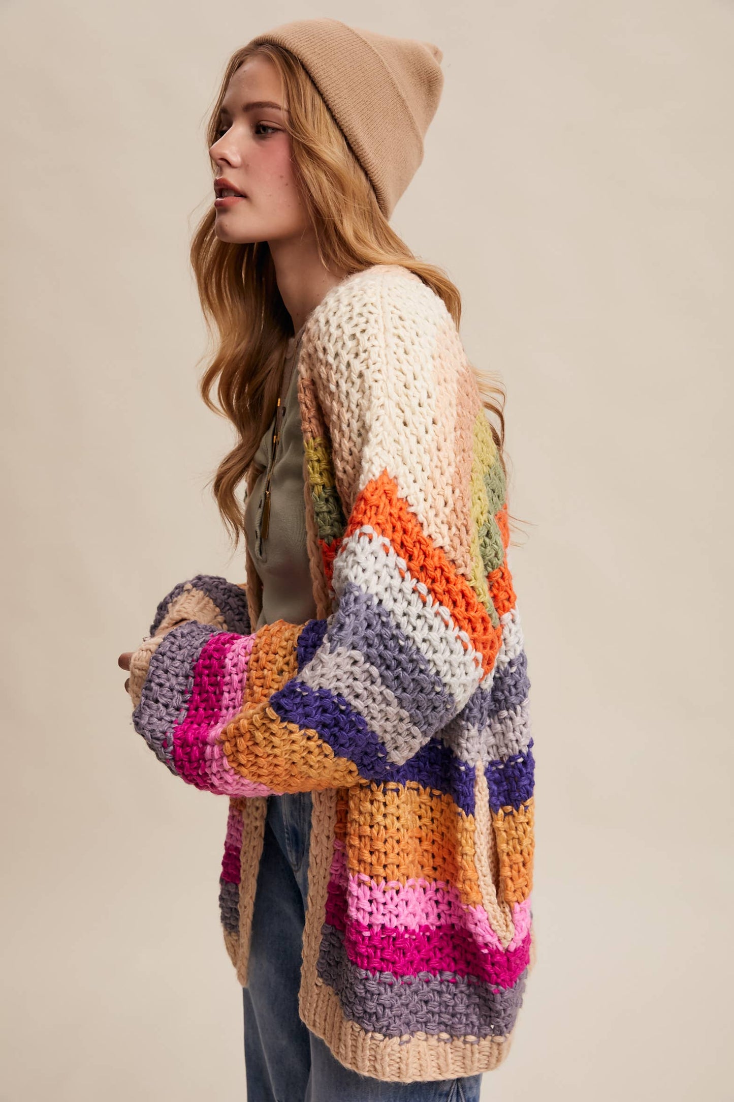 Rainbow Hand-Crochet Open Cardigan: Cream Multi