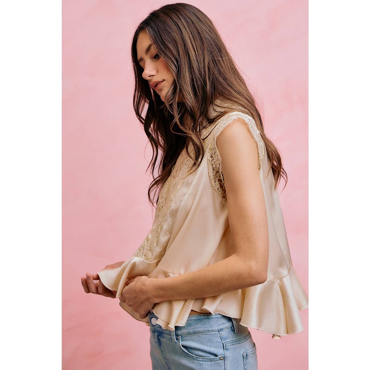A New Arrival SATIN MOCK NECK LACE TRIM PEPLUM BLOUSE TOP: CREAM