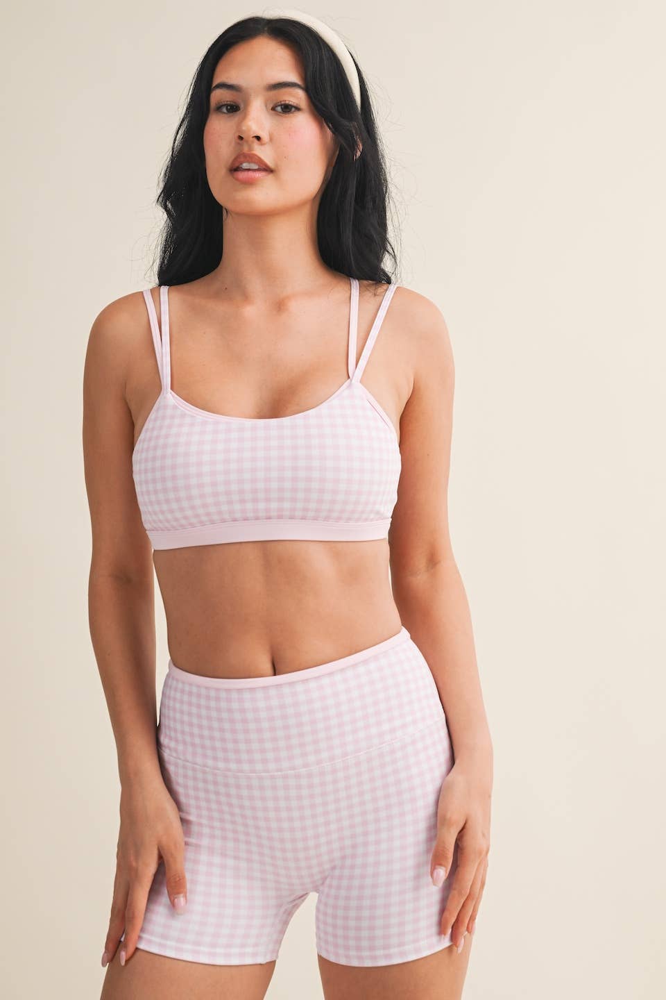 A New Arrival Gingham Print Double Layered Sports Bra: Red Gingham