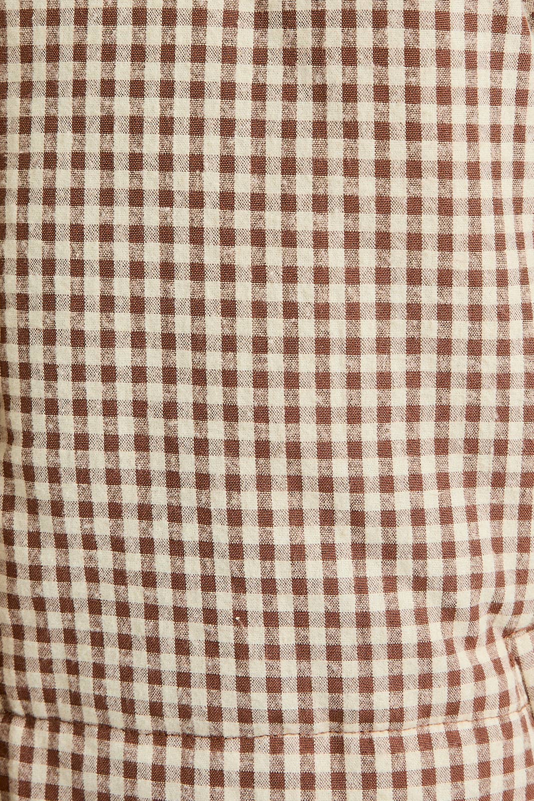 GINGHAM PUFFER JACKET: BROWN-CREAM GINGHAM
