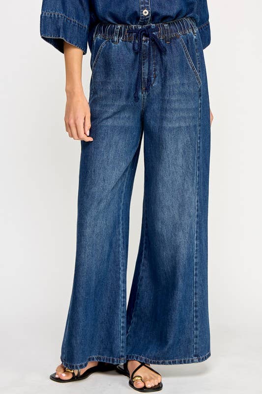 DRAWSTRING WIDE DENIM PANTS: Denim Blue