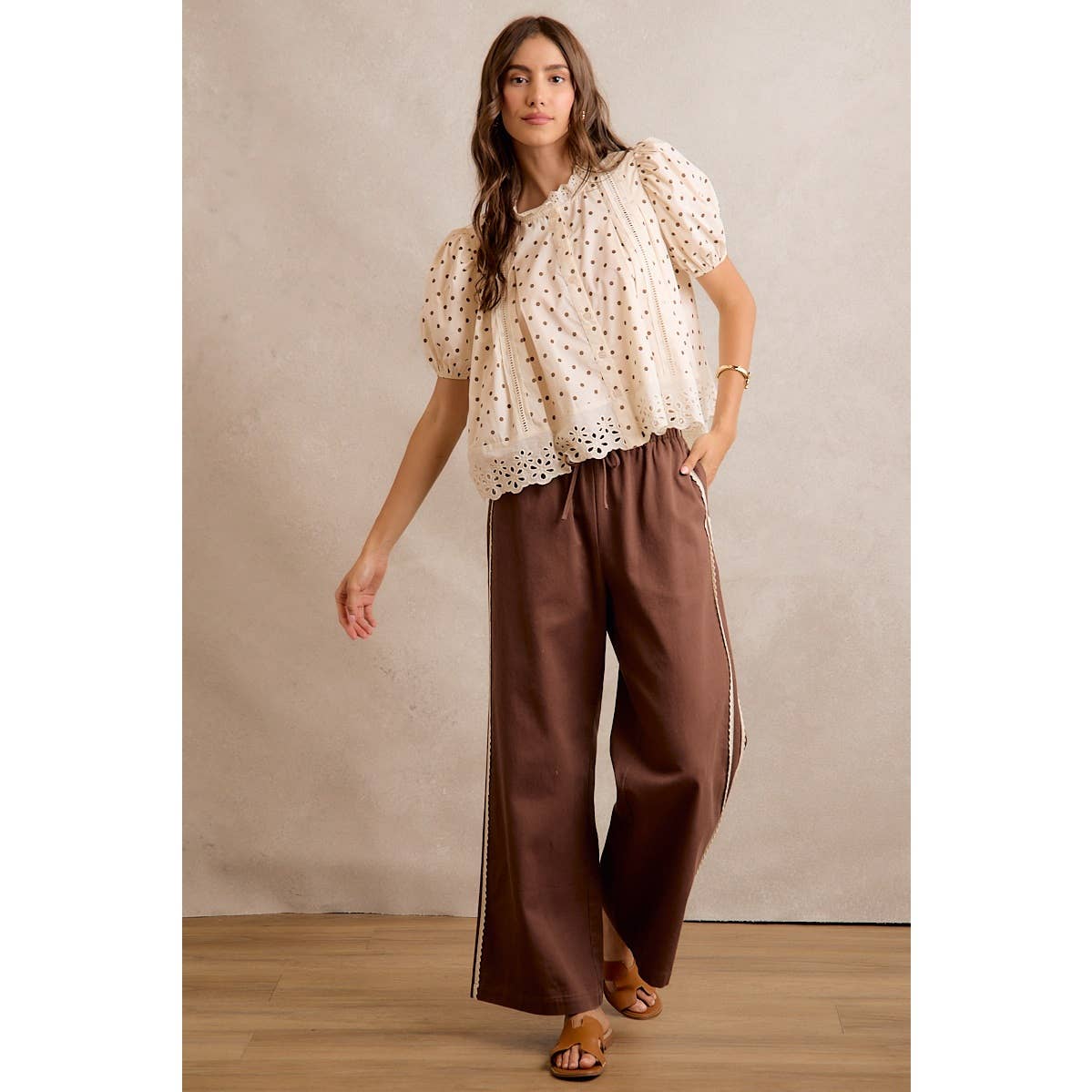 A New Arrival SIDE LACE TRIM COTTON DENIM WIDE LEG PULL ON PANTS: BROWN