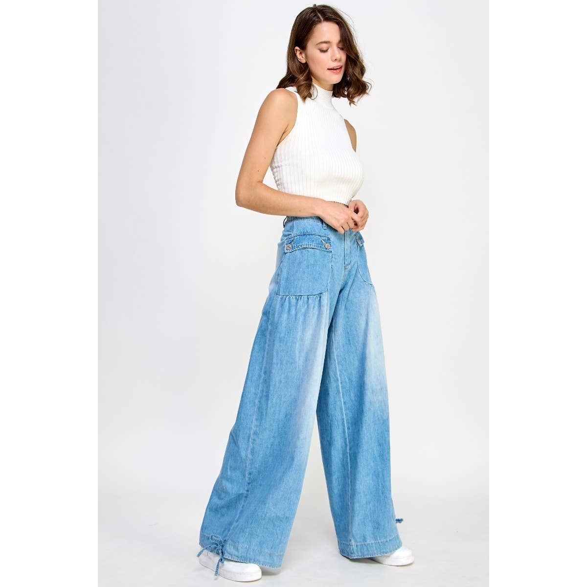 A New Arrival Ankle Drawstring Wide Denim Pants: Light Wash