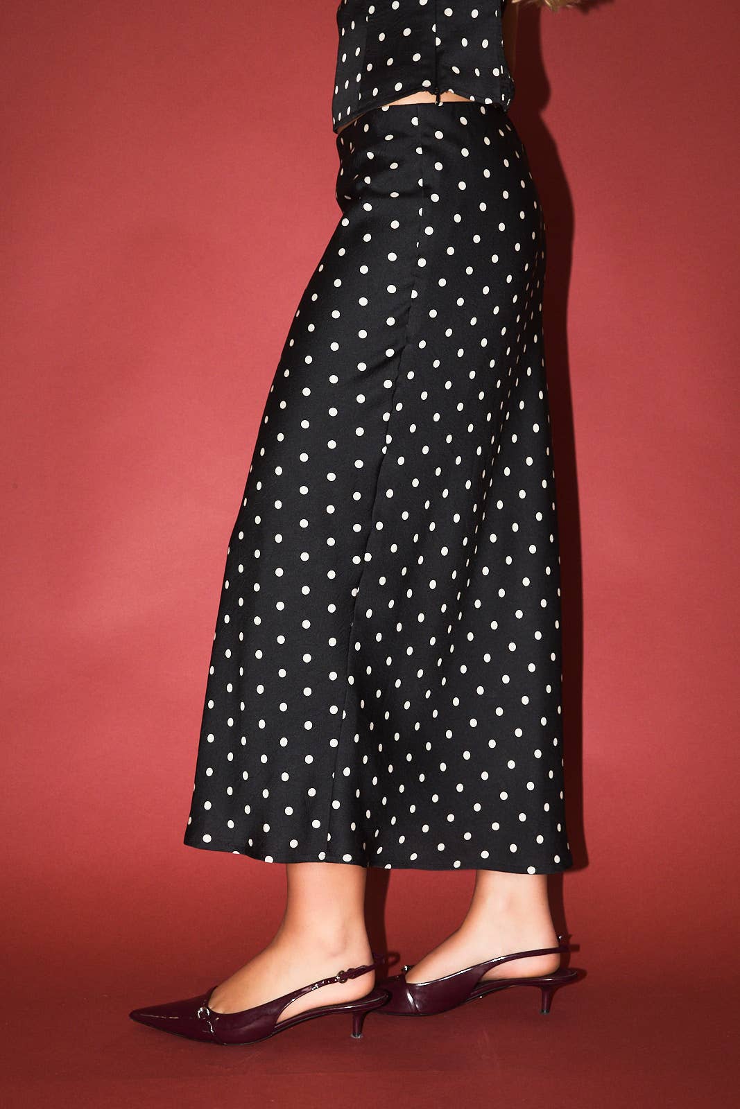 POLKA DOT MID RISE MAXI SKIRT: BLACK-WHITE DOT