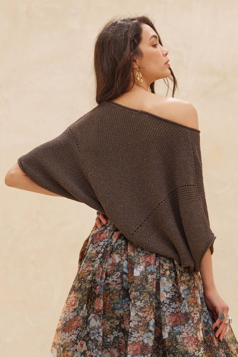 Short-Sleeve Pointelle Ribbed Knit Sweater: Espresso
