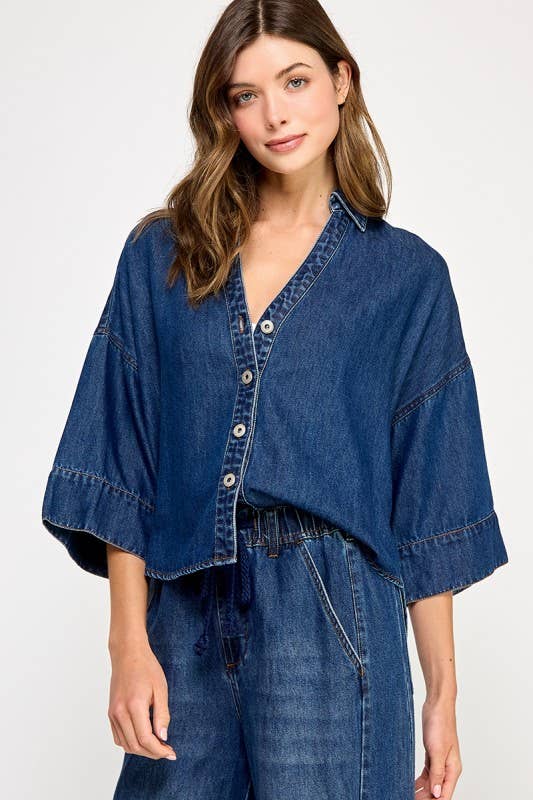 DENIM WIDE SLEEVE SHIRT: Denim Blue