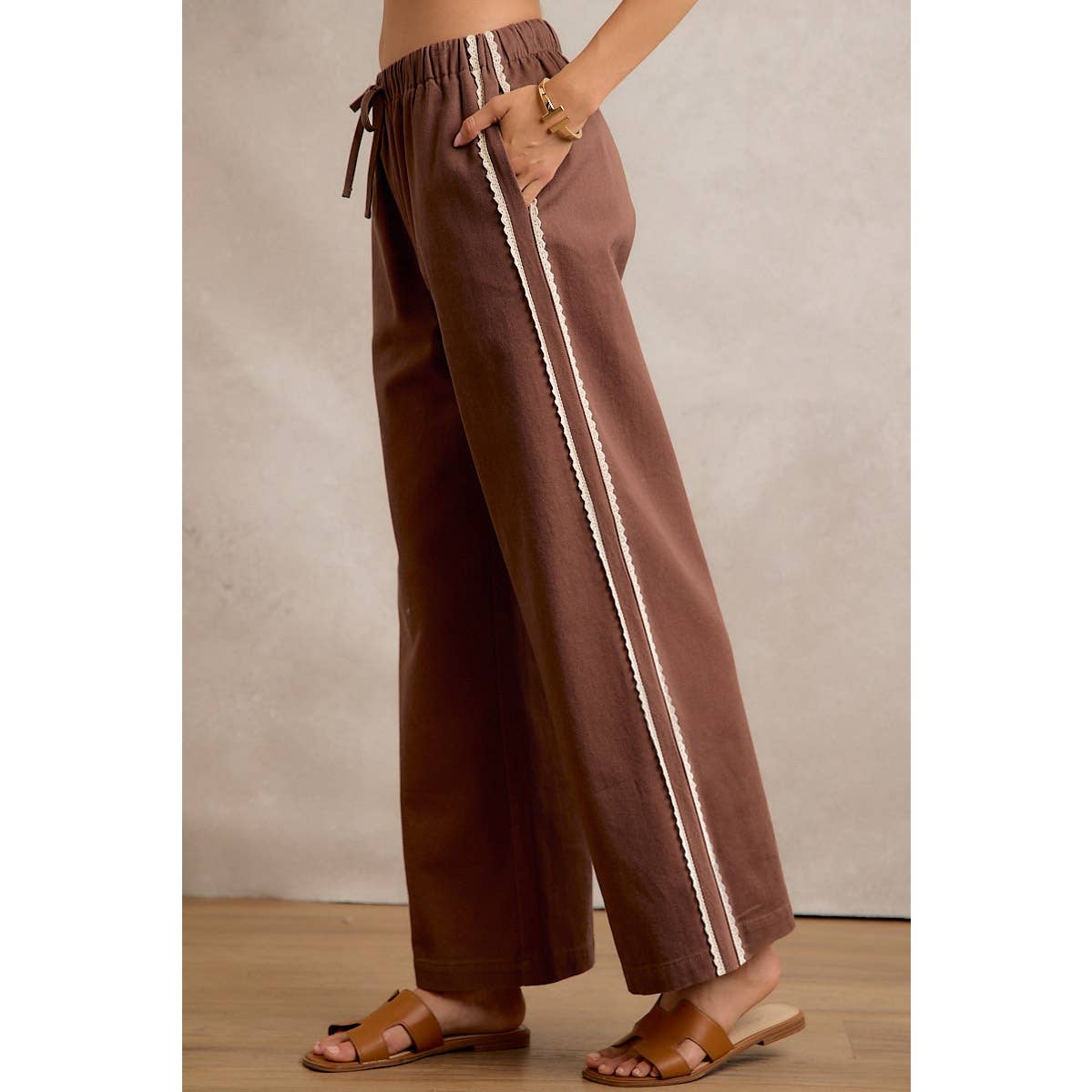 A New Arrival SIDE LACE TRIM COTTON DENIM WIDE LEG PULL ON PANTS: BROWN