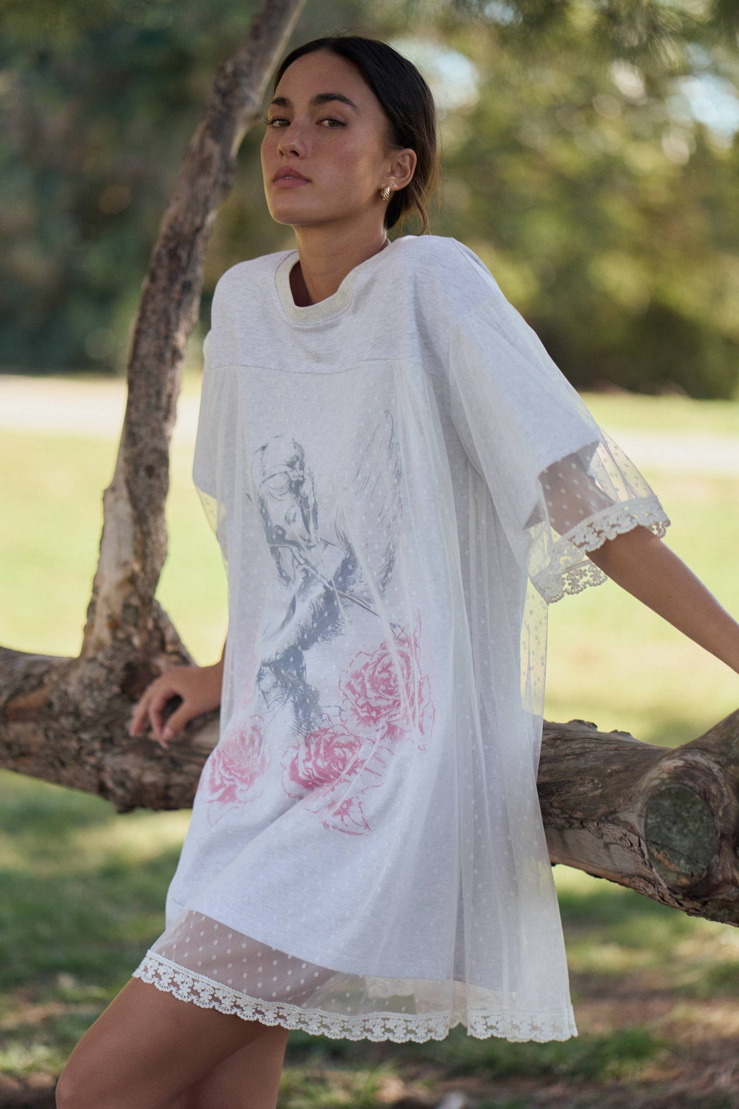 A New Arrival               ANGEL PRINTED TERRY DOTTED MESH LAYERED DRESS: Heather Grey