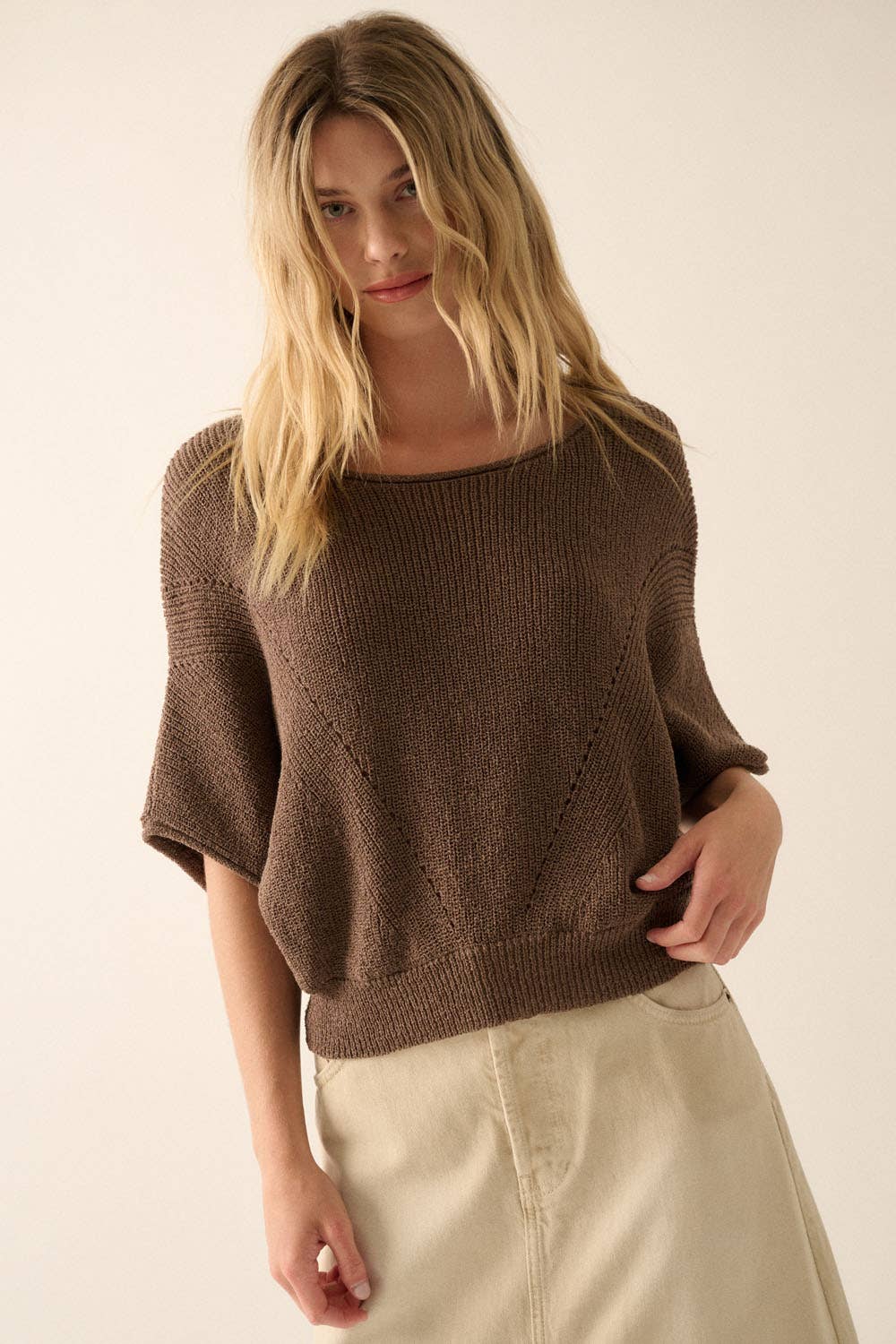 Short-Sleeve Pointelle Ribbed Knit Sweater: Espresso