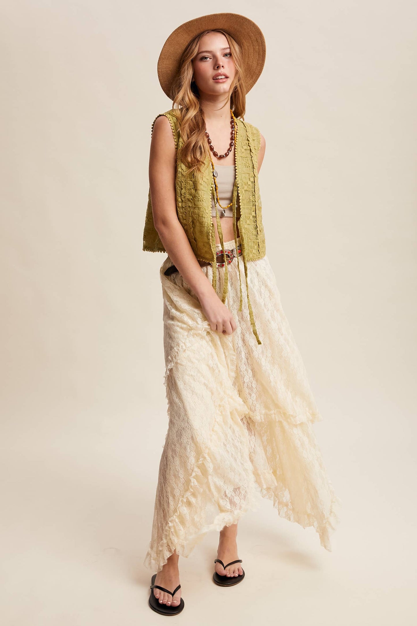A New Arrival Embroidered Lace Tie-Front : Ecru