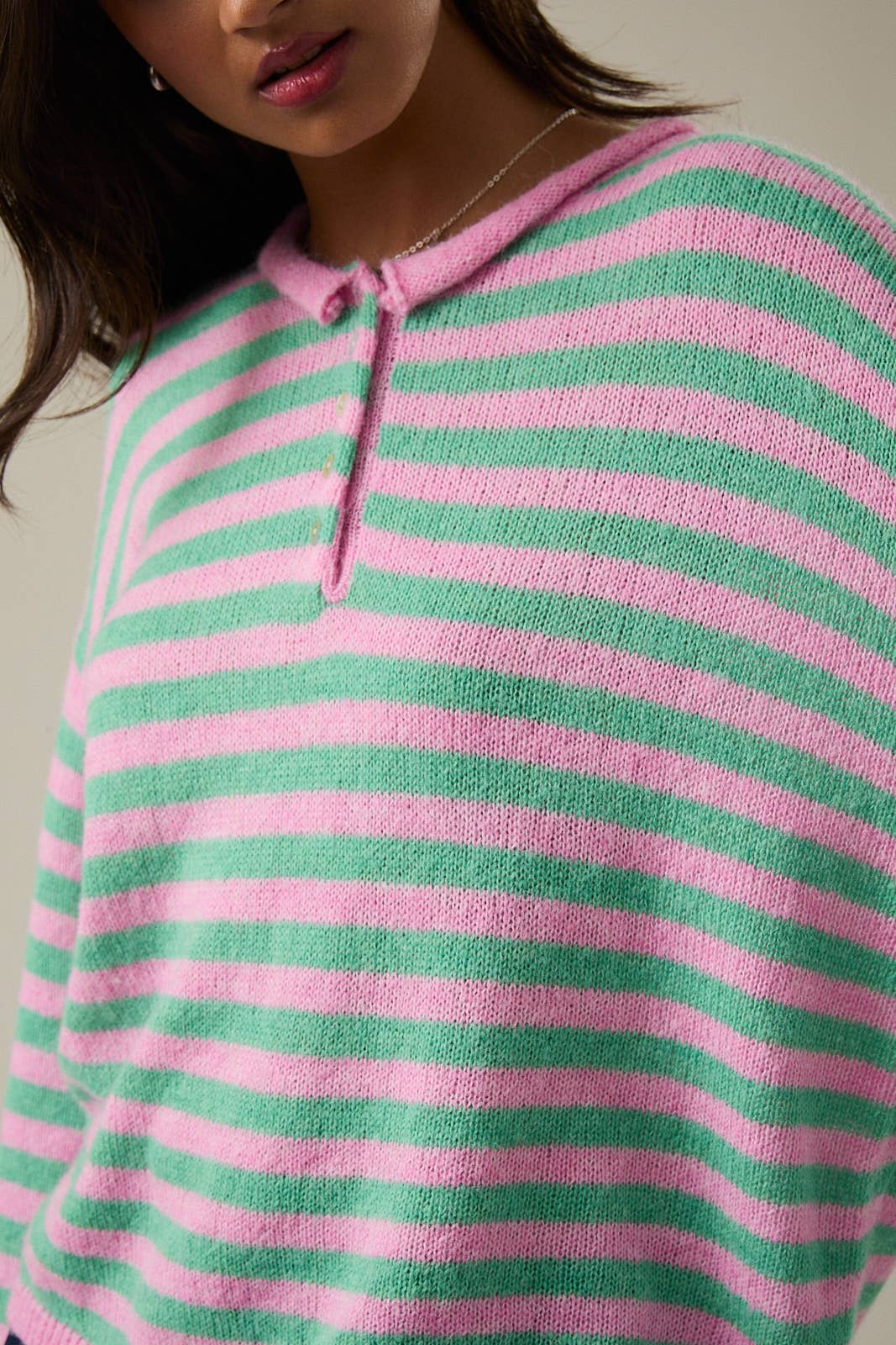 A New Arrival                 LONG SLEEVE ROLLED HEMLINE DETAIL STRIPE HALF BUTTON SWEATER: BLUE-YELLOW STRIPE