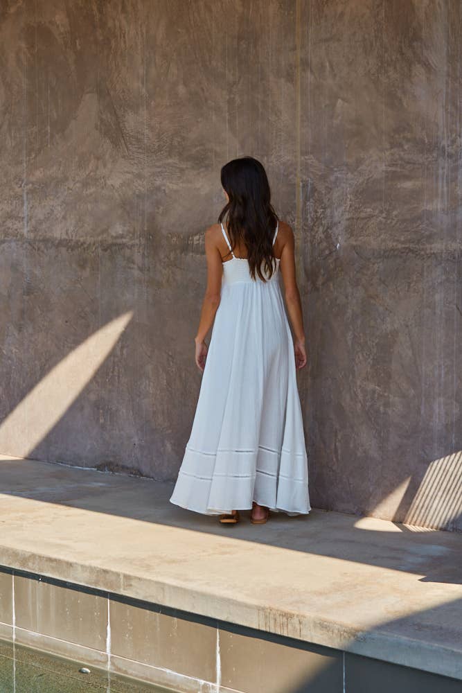 A New Arrival Woven Cotton Tube Neck Maxi Dress With Back Smocking: White