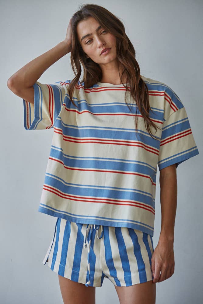 A New Arrival.                     Knit Cotton Multi Striped Short Sleeve Top: Cream Blue