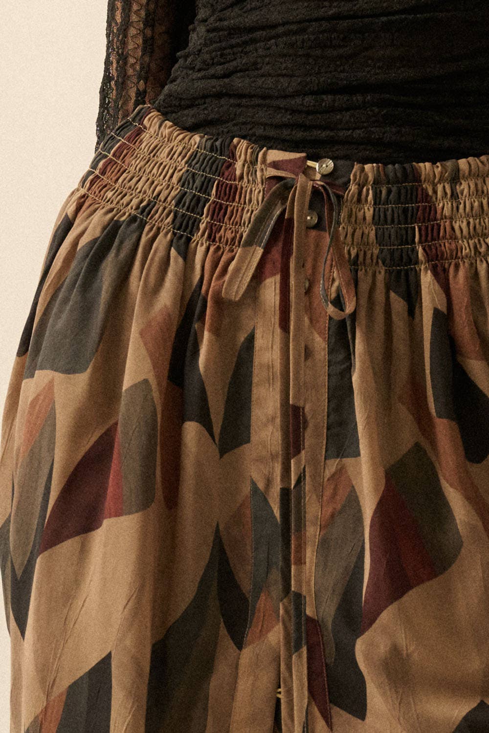 Abstract-Print Button-Front Drawstring Maxi Skirt