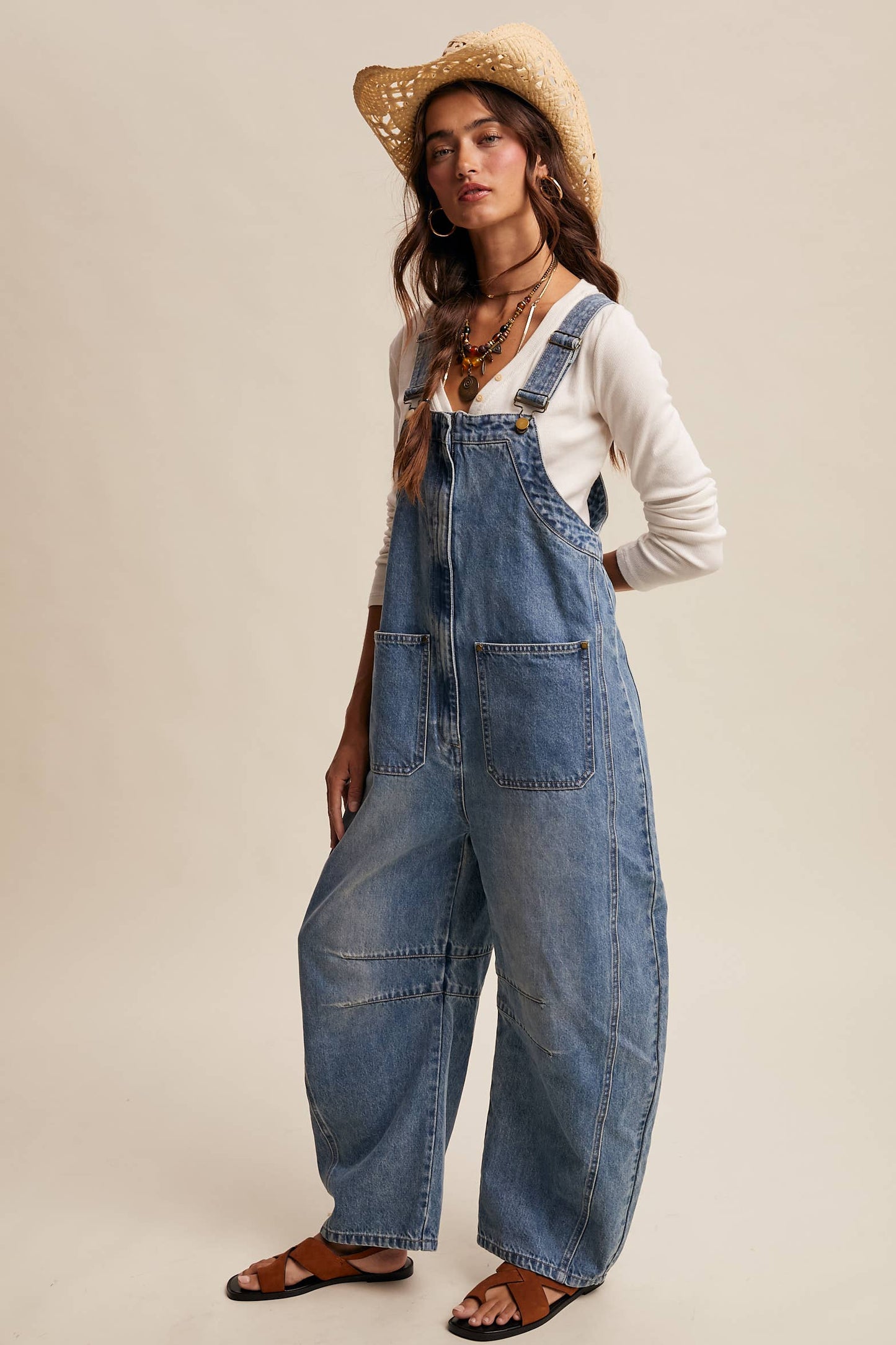 Western Wide-Leg Denim Overalls - Sunwashed Blue / Contemporary