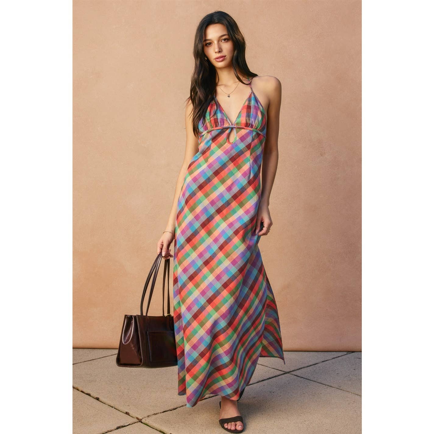 A New Arrival               Vibrant Vines Triangle Top Halter Maxi Dress: ROMANTIC PEONY