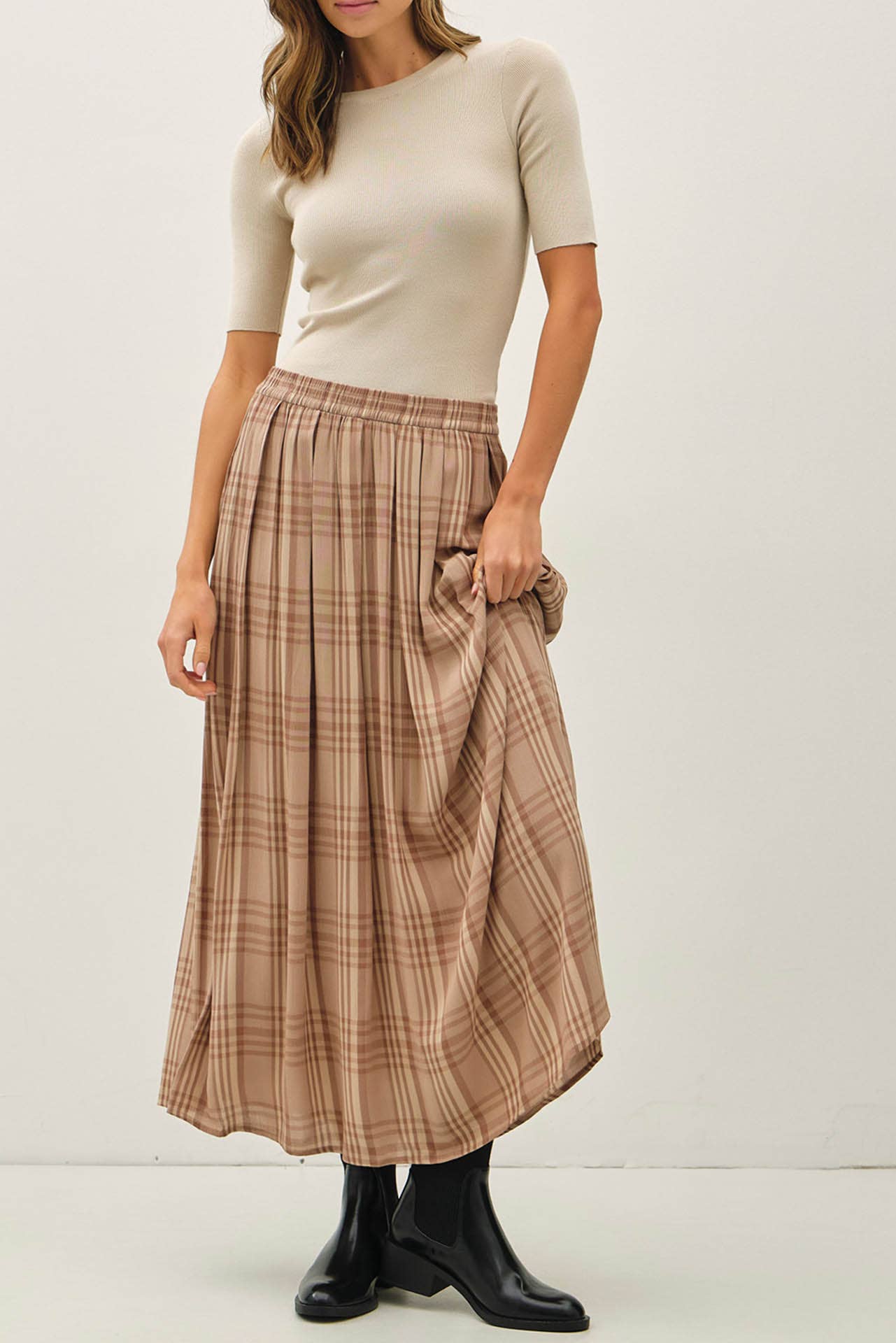 PLAID PRINTED PLEATS MIDI SKIRT : SPRUCE