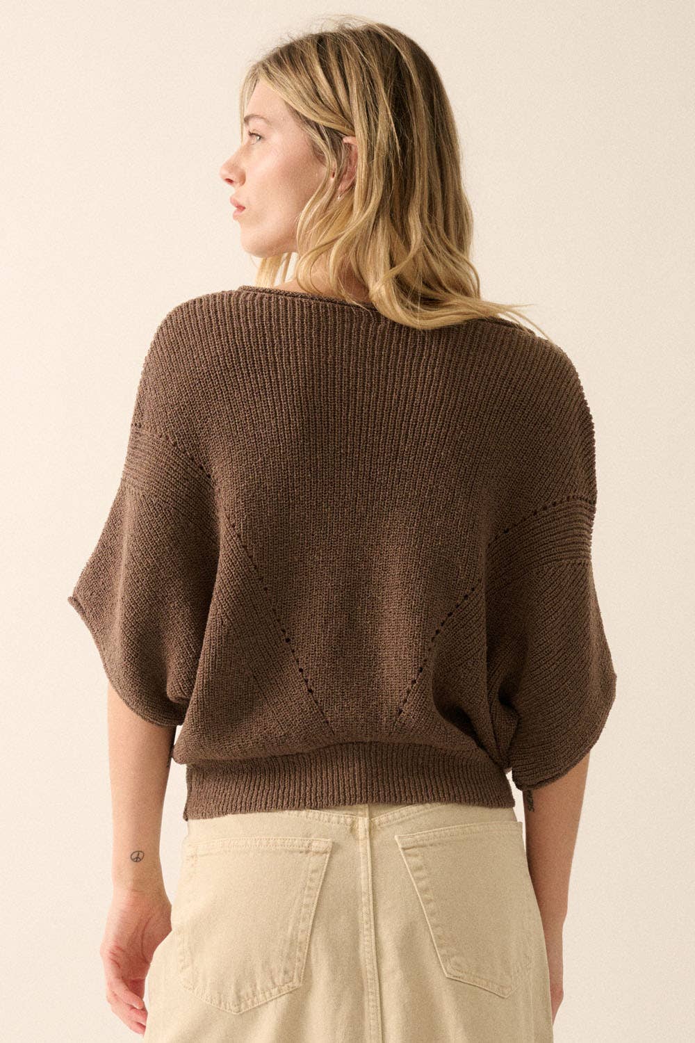 Short-Sleeve Pointelle Ribbed Knit Sweater: Espresso