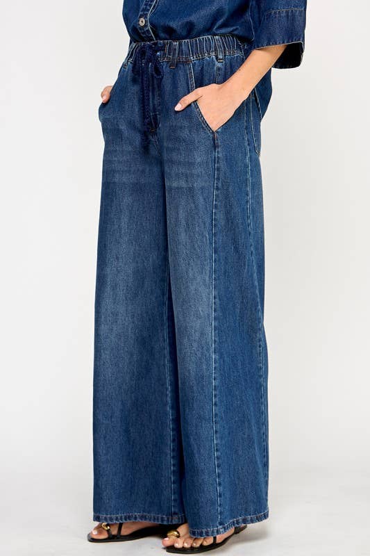 DRAWSTRING WIDE DENIM PANTS: Denim Blue
