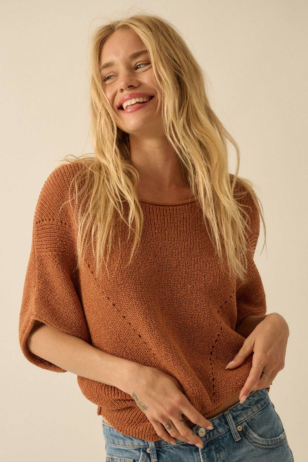 Short-Sleeve Pointelle Ribbed Knit Sweater: Espresso