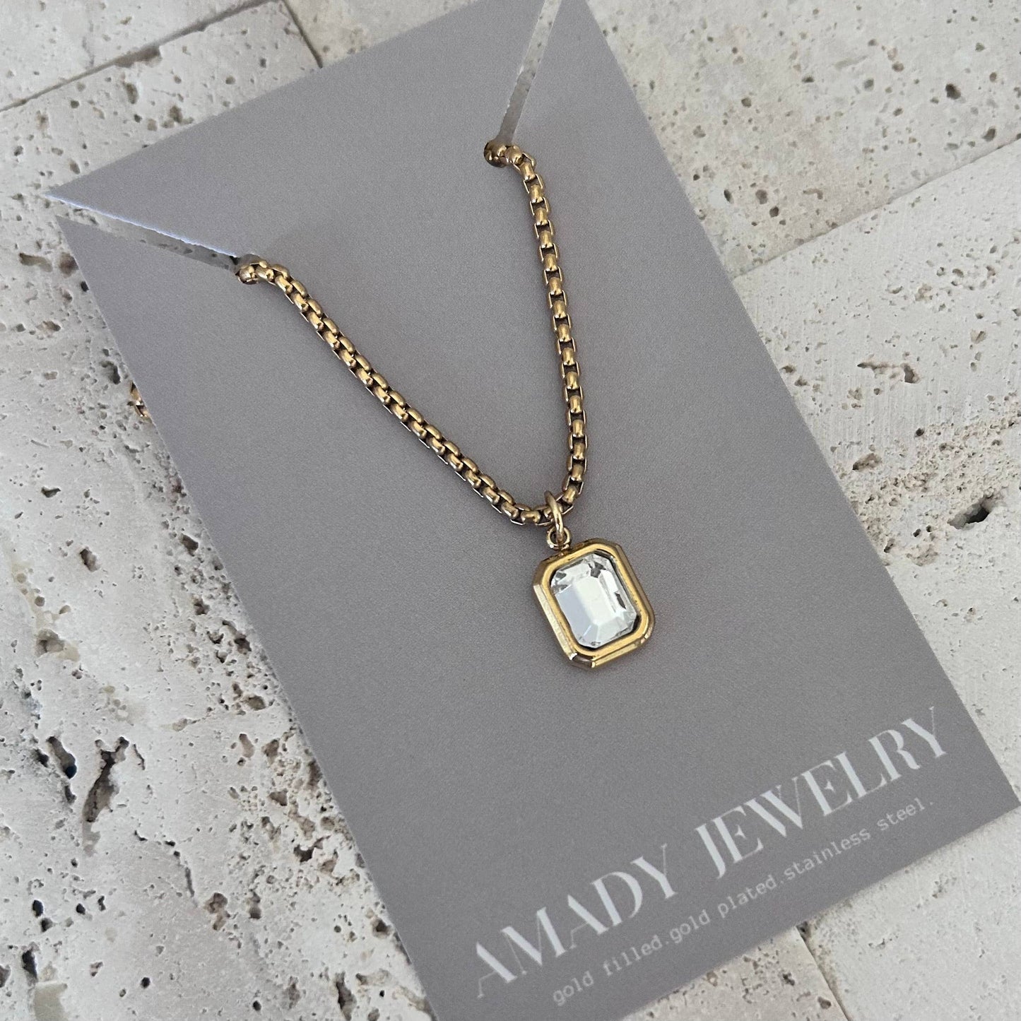 Clear Glass Pendant layering necklace 18k gold plated 
