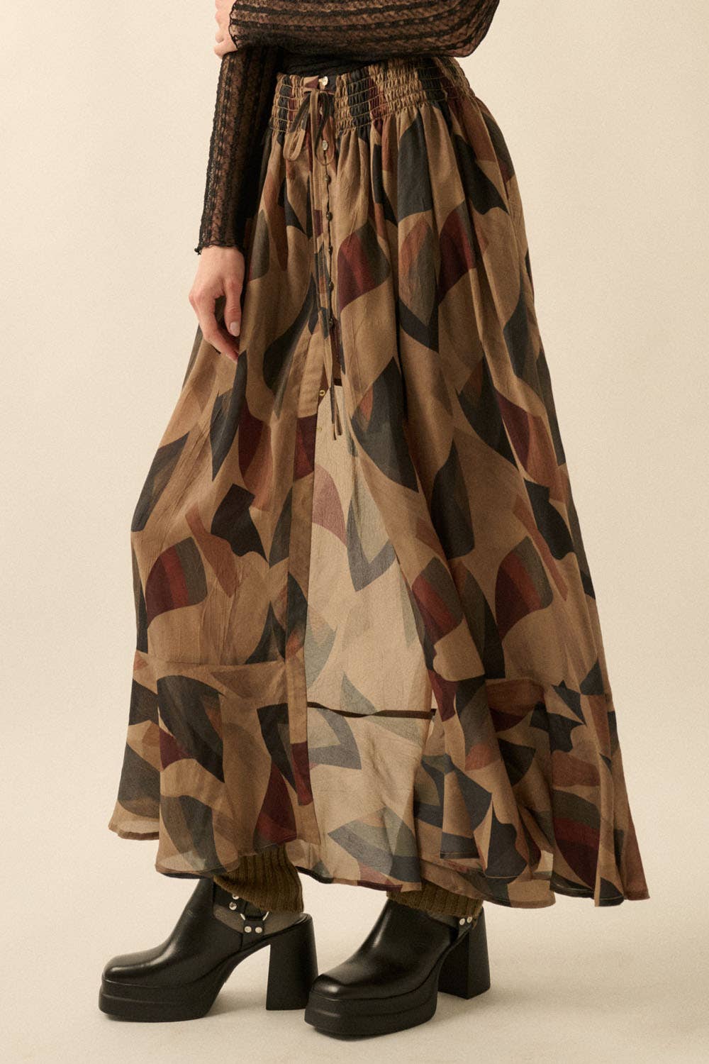 Abstract-Print Button-Front Drawstring Maxi Skirt