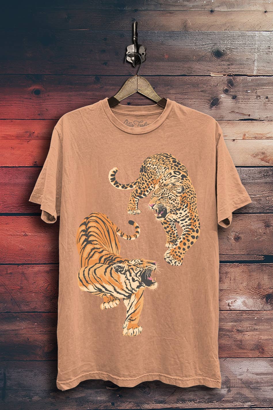 A New Arrival Leopard And Tiger Graphic Top: Coral Mineral Wash
