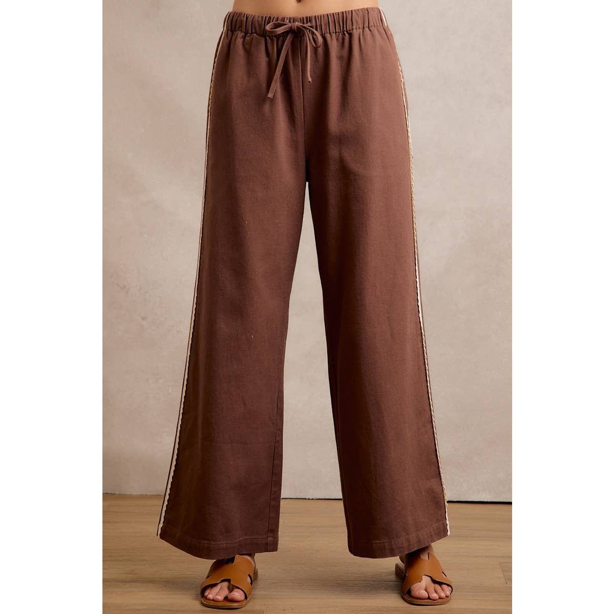 A New Arrival SIDE LACE TRIM COTTON DENIM WIDE LEG PULL ON PANTS: BROWN