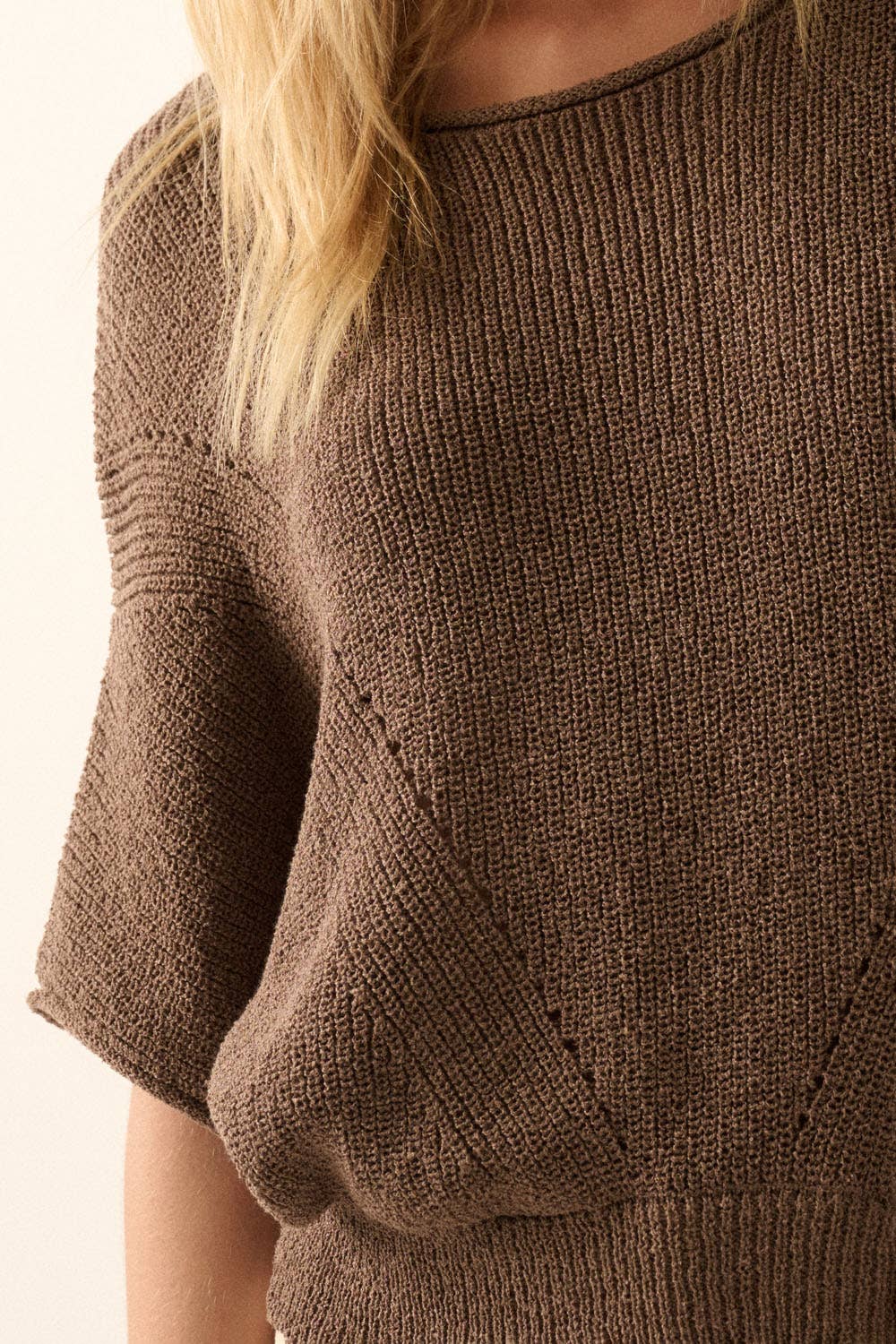 Short-Sleeve Pointelle Ribbed Knit Sweater: Espresso